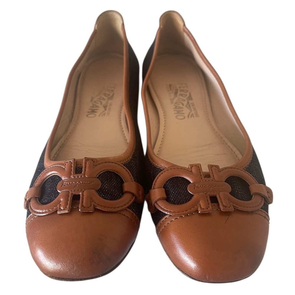Salvatore Ferragamo Vanna denim flats Gancini buckle Size:7.5